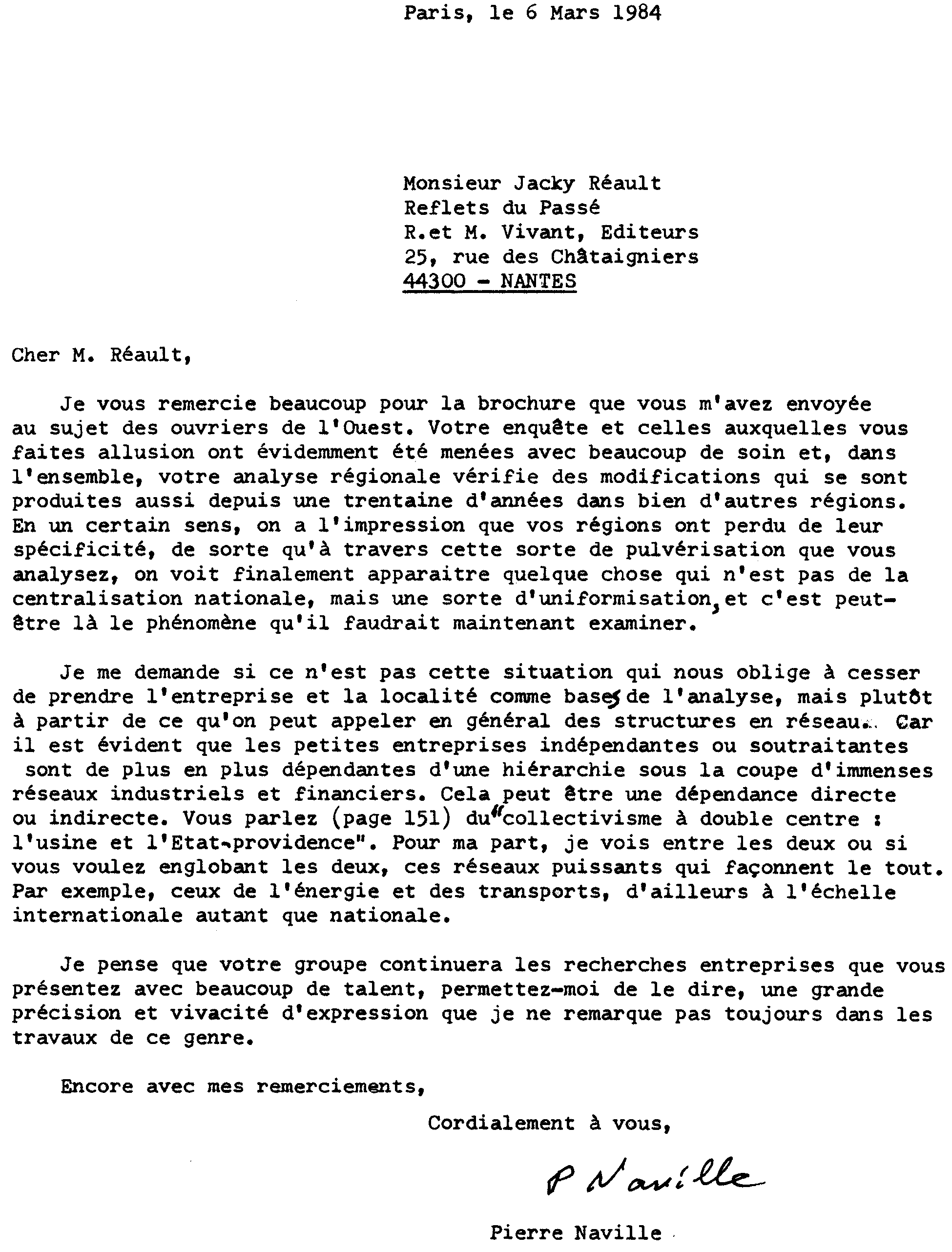 Lettre de Pierre Naville � J R�ault sur Ouvriers de l'Ouest